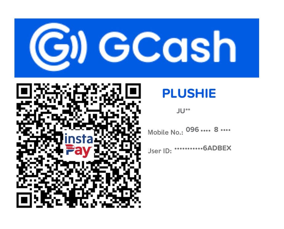 GCash QR code and account details for the plushie payment
