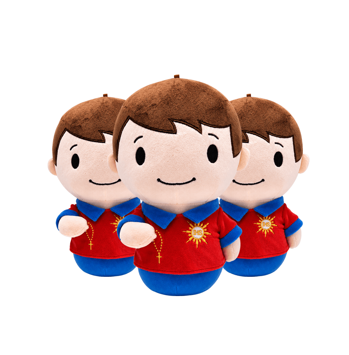 Three St. Carlo Acutis plushies wearing red and blue outfits
